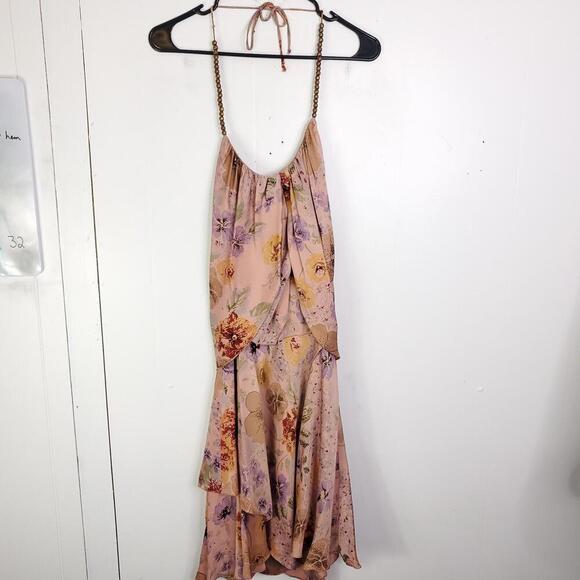 Development Dress Womens 4 Tie Halter Neck Floral Lightweight Layered Draping - Picture 1 of 11